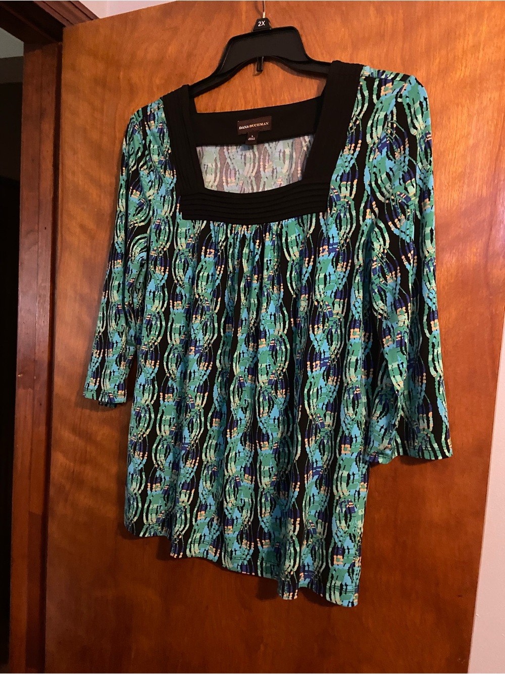 Dana Buchman Teal & Black Patterned Square-Neck Tunic